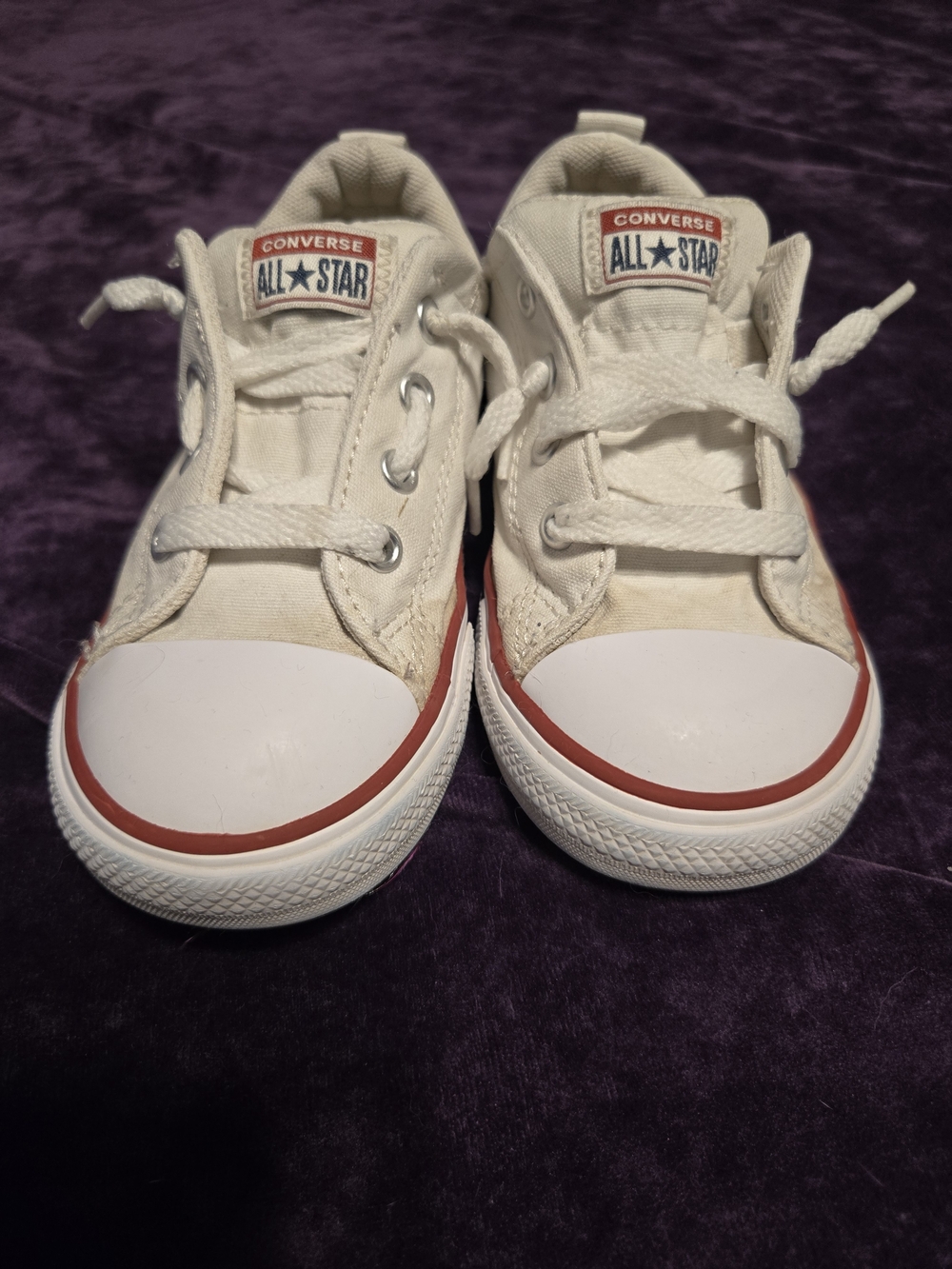 Converse Kids Canvas Low Top Sneakers in White with Red Trim